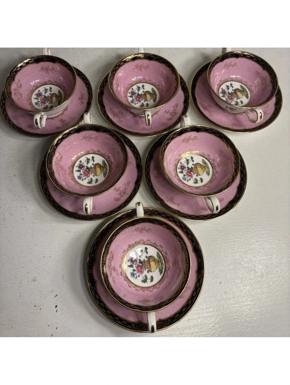 Copeland Spode Bone China Pink Gold Trim Cream Soup Bowl & Saucer set of 6